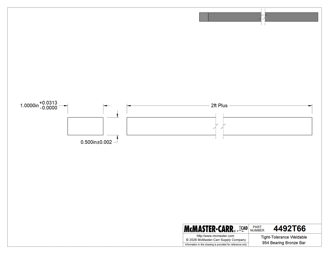 Technical Drawing of Tight-Tolerance Weldable 954 Bearing Bronze Bar, 1/2" Thick x 1" Wide x 2 Feet Long.